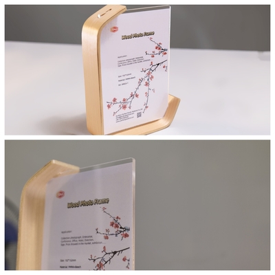 Cartellino a foglio trasparente personalizzato in forma di L Cornice fotografica acrilica con base in legno